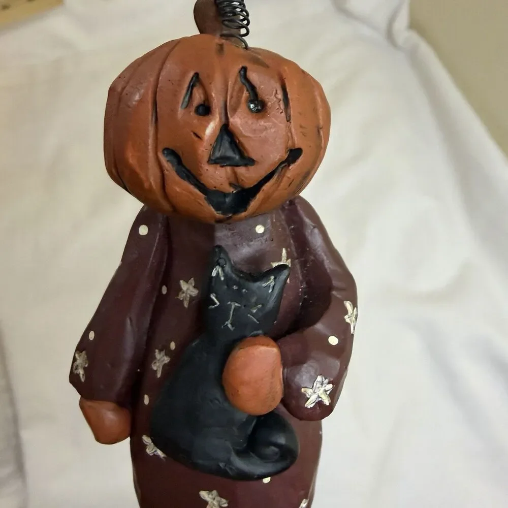 Blossom Bucket Halloween Pumpkin Black Cat Pedestal 13” Suzi Skoglund Folk Art